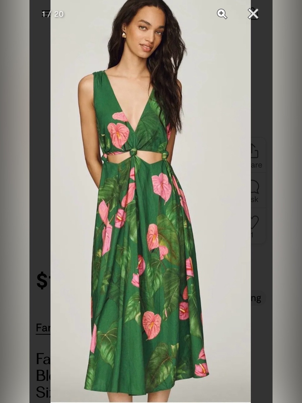 Farm Rio x Anthropologie Linen Blend V-Neck Cutout Midi Dress size XS